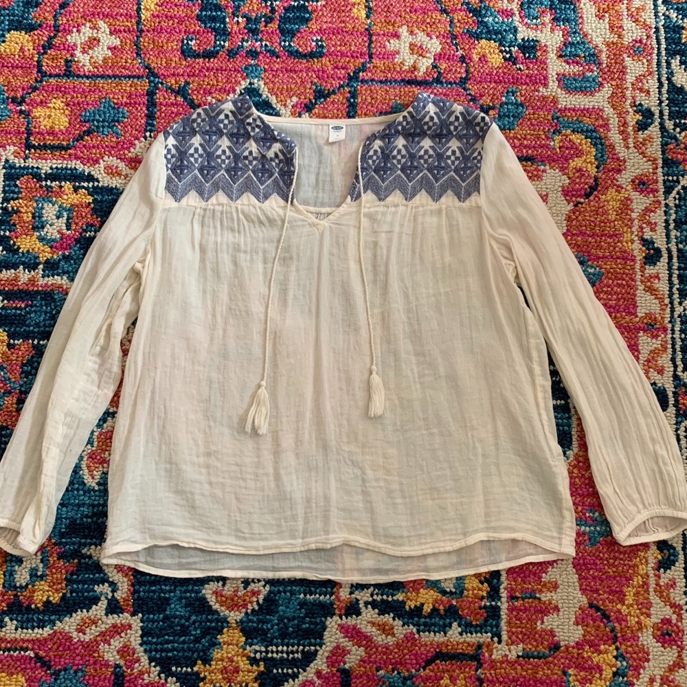 Old Navy Cream Flowy Blouse with Blue Detailing